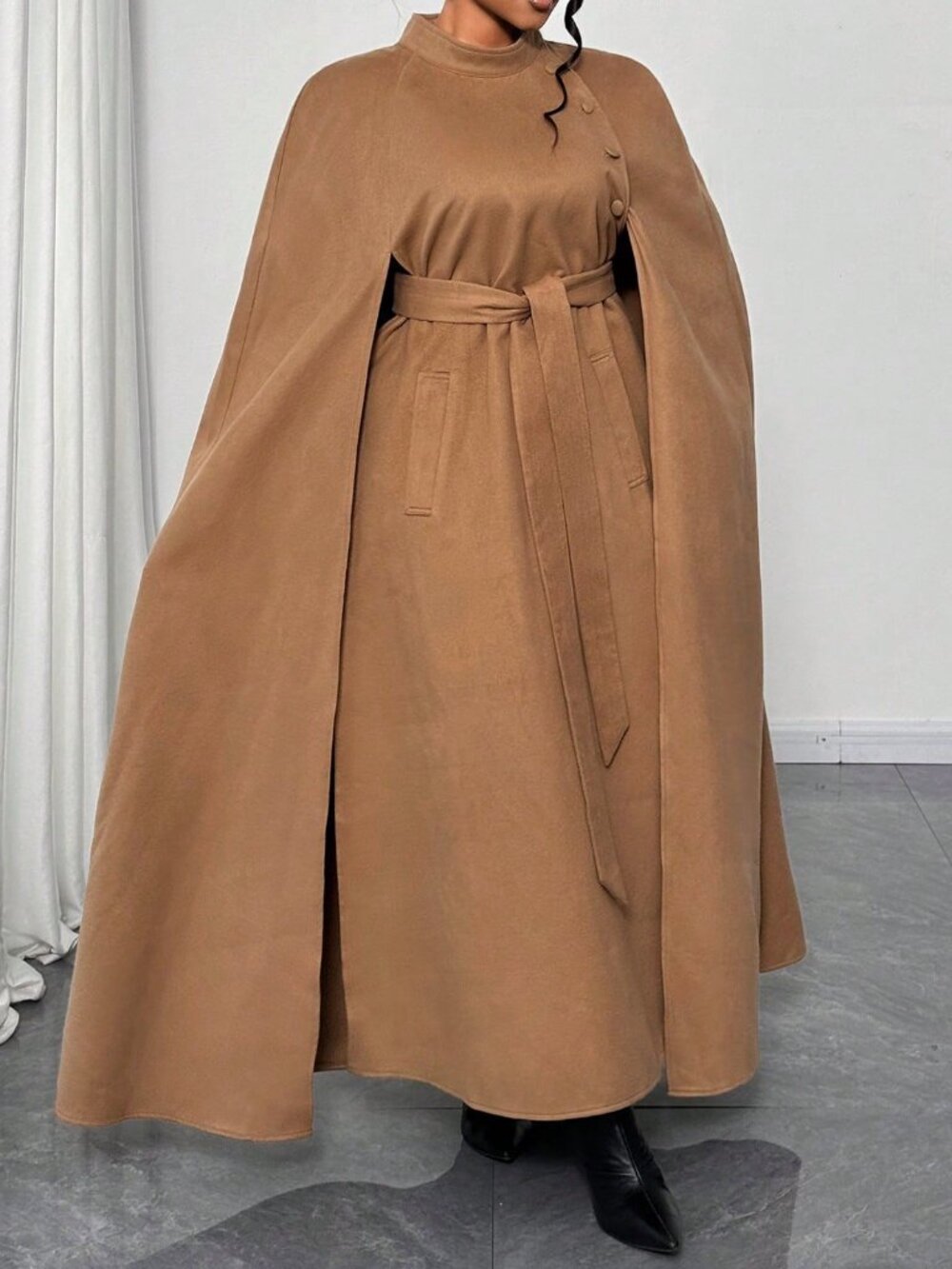 Brown Elegant Women's Long Cardigan With Tie Closure And Button Detail